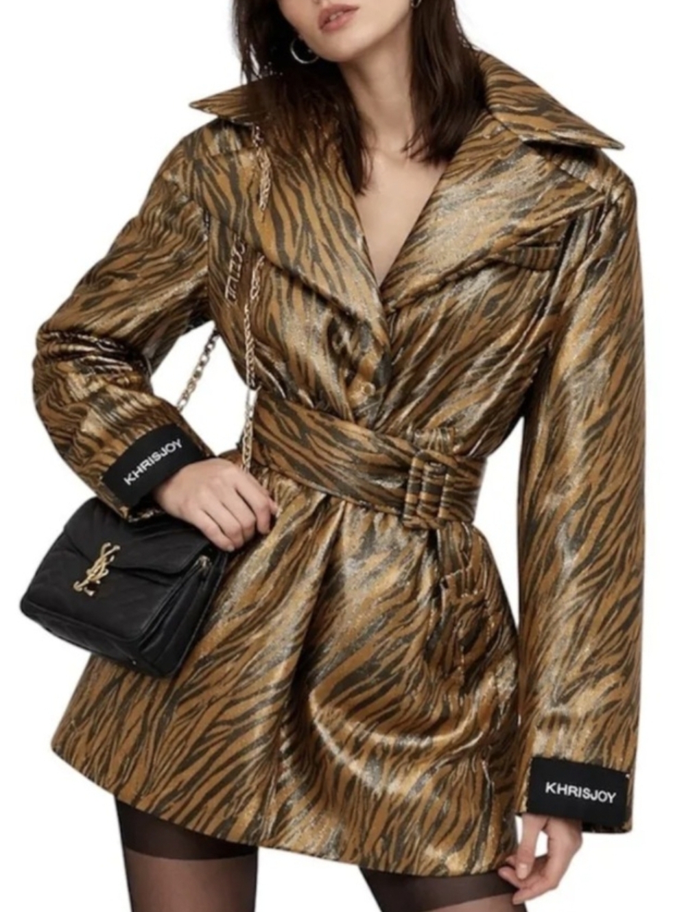KhrisJoy Coat Jacket Puff Tailoring Animalier  Metallic Tiger Print Gold S/L NWT
